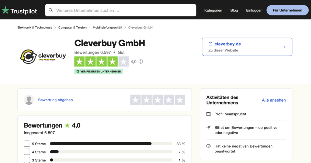 Bei TrustPilot präsentiert sich Cleverbuy mit über 6.000 Bewertungen und starken 4,5 von 5 Sternen